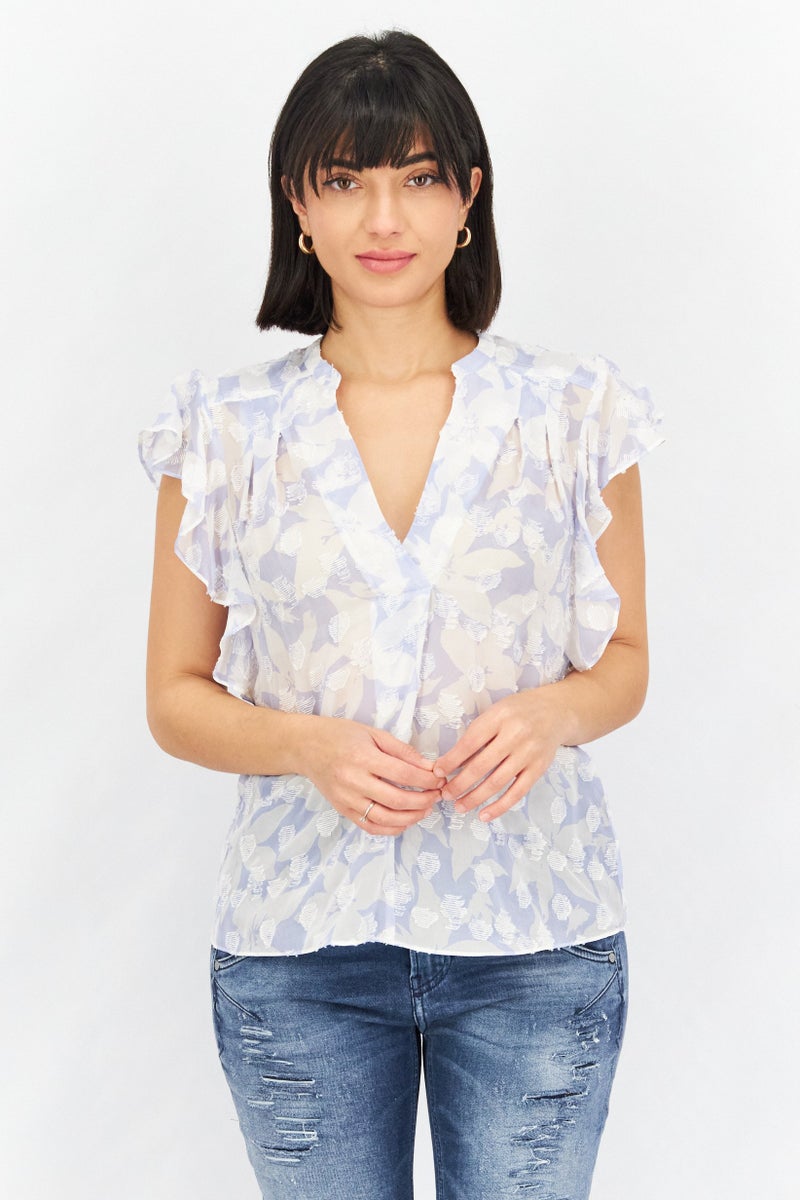 joie Women V-Neck Flutter Sleeve Allover Print Tops, Light Blue /White - Image 1